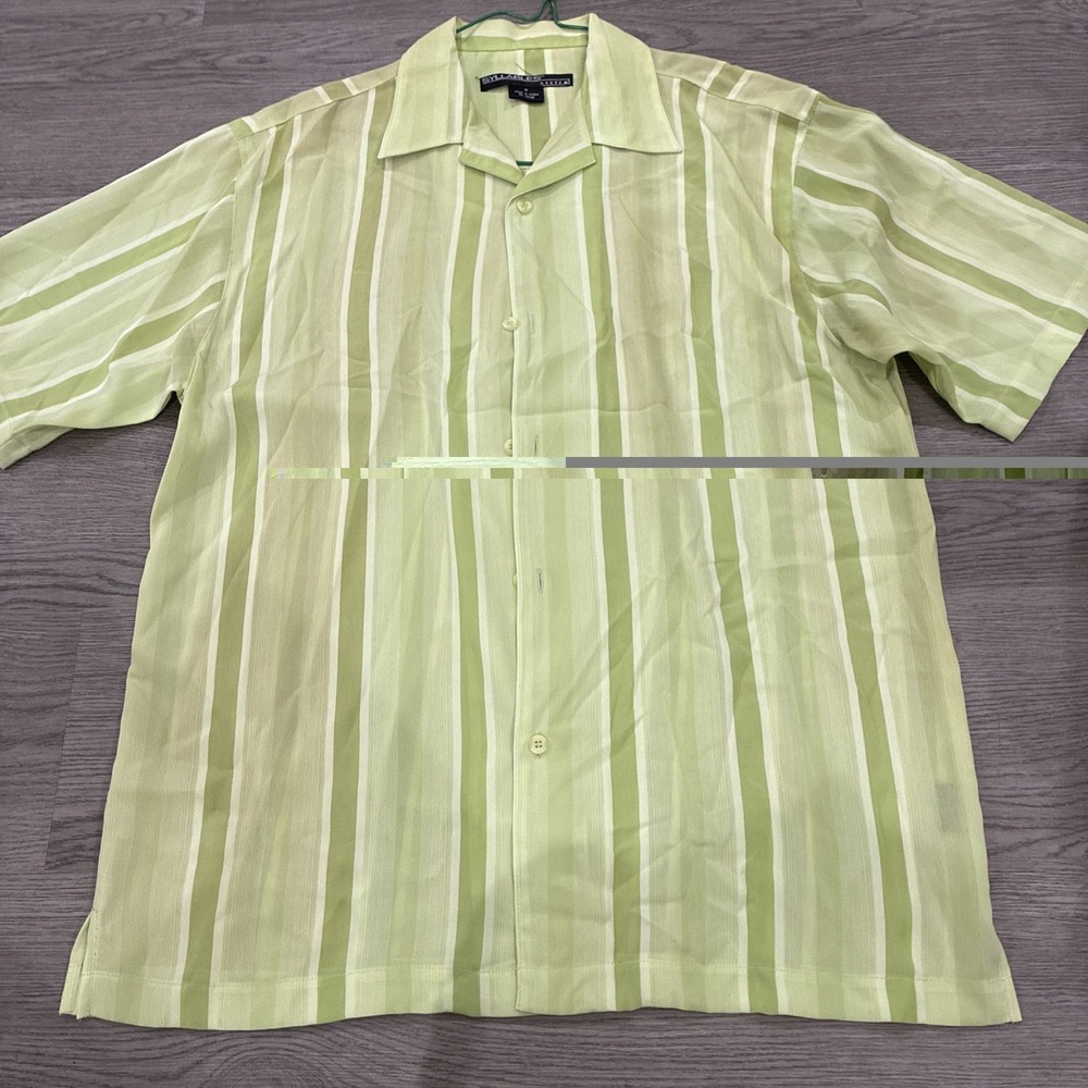 Syllables System Pastel Green Button Up Shirt Mens Striped Short Sleeve Size M